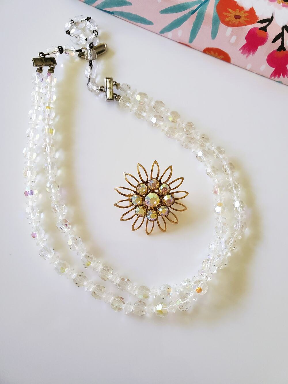 Vintage Crystal AB Necklace and Brooch Jewelry Set